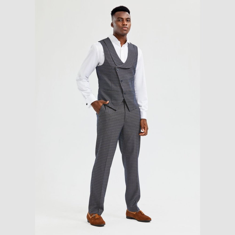 Bespoke Tazio Men's Vest 2pc Set, Tattersall Navy - Picture 7 of 8